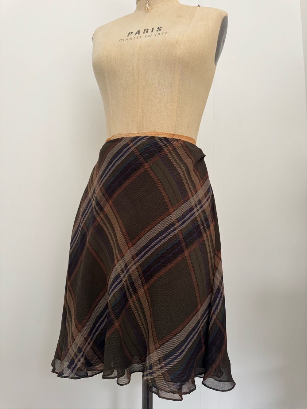 Vintage LAUREN by Ralph Lauren Olive Plaid Silk Slip Skirt - Picture 2 of 7